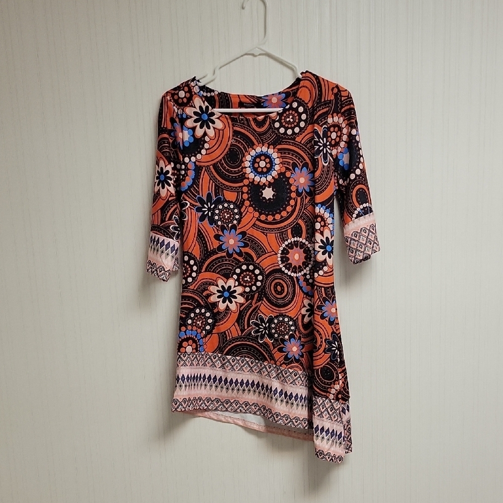 Reborn Orange & Blue Floral Assymetrical Dress medium New boho hippie colorful
